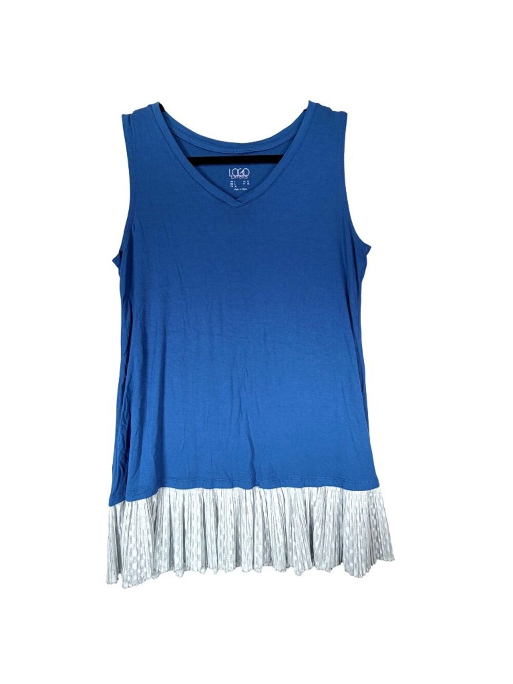 LOGO Layers Sleeveless Blue V-Neck Tank Top Pleated Hem L Lori Goldstein